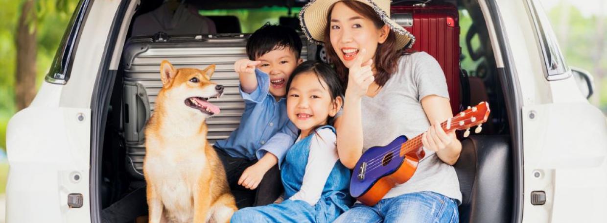 DirectAsia Insurance_Asian family sitting at the boot of their car with the mother holding a mini guitar while all are looking at one direction